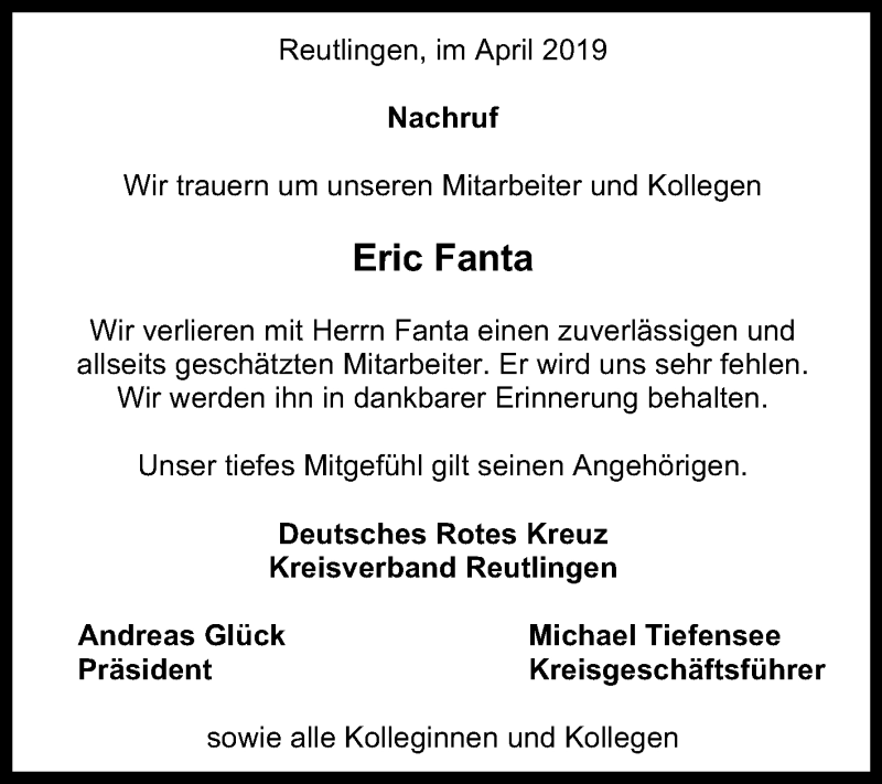  Traueranzeige für Eric Fanta vom 30.04.2019 aus Reutlinger General-Anzeiger