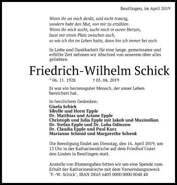 Anzeige von Friedrich-Wilhelm Schick von Reutlinger General-Anzeiger