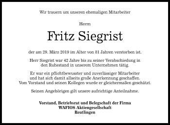 Anzeige von Fritz Siegrist von Reutlinger General-Anzeiger