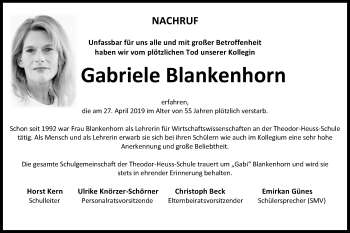 Anzeige von Gabriele Blankenhorn von Reutlinger General-Anzeiger