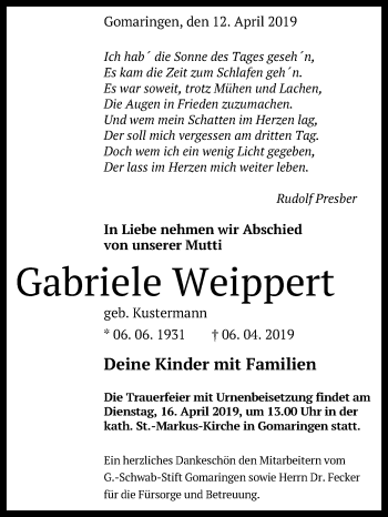 Anzeige von Gabriele Weippert von Reutlinger General-Anzeiger