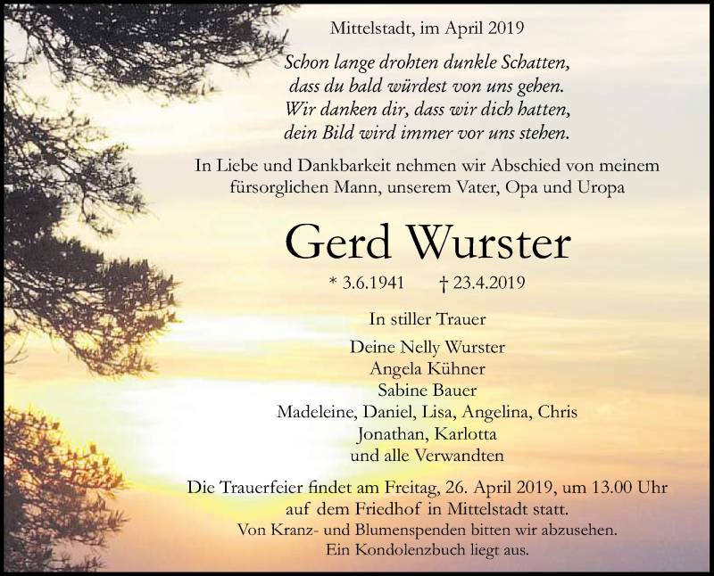  Traueranzeige für Gerd Wurster vom 25.04.2019 aus Reutlinger General-Anzeiger