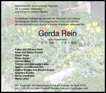 Anzeige von Gerda Rein von Reutlinger General-Anzeiger