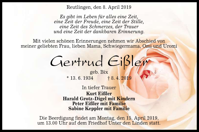  Traueranzeige für Gertrud Eißler vom 10.04.2019 aus Reutlinger General-Anzeiger