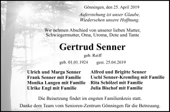 Anzeige von Gertrud Senner von Reutlinger General-Anzeiger