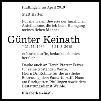 Anzeige von Günter Keinath von Reutlinger General-Anzeiger