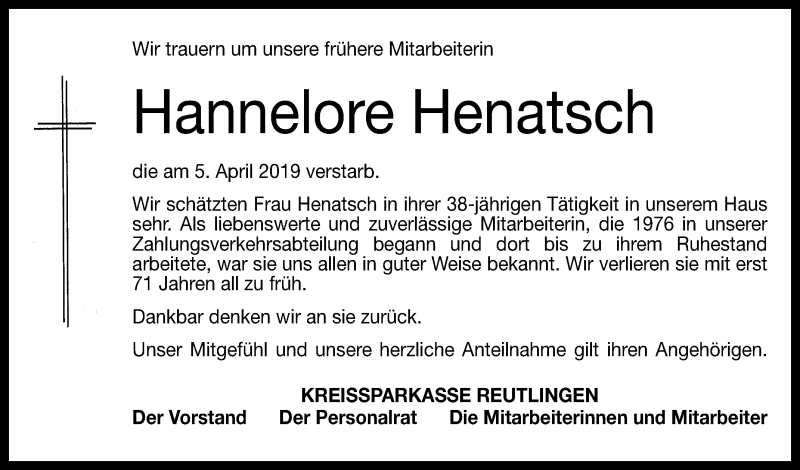  Traueranzeige für Hannelore Henatsch vom 11.04.2019 aus Reutlinger General-Anzeiger