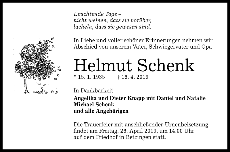  Traueranzeige für Helmut Schenk vom 20.04.2019 aus Reutlinger General-Anzeiger