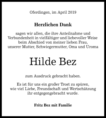 Anzeige von Hilde Bez von Reutlinger General-Anzeiger