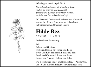 Anzeige von Hilde Bez von Reutlinger General-Anzeiger