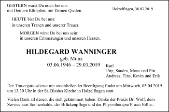Anzeige von Hildegard Wanninger von Reutlinger General-Anzeiger