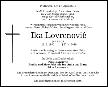 Anzeige von Ika Lovrenovic von Reutlinger General-Anzeiger