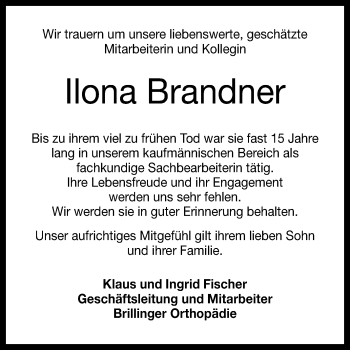 Anzeige von Ilona Brandner von Reutlinger General-Anzeiger