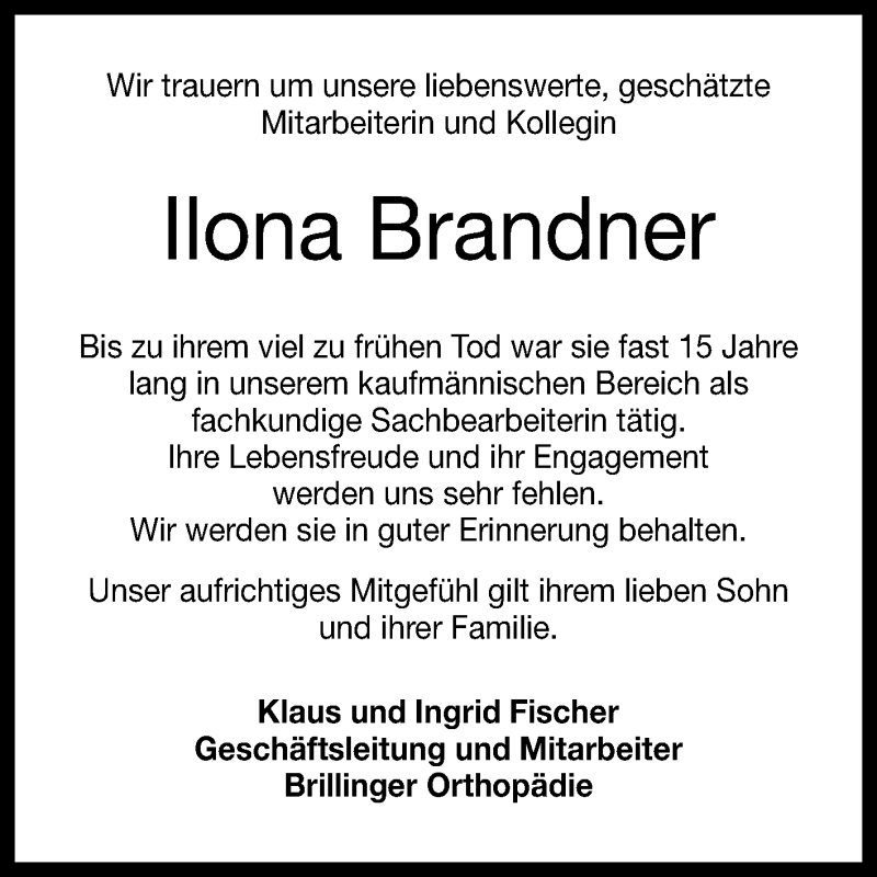  Traueranzeige für Ilona Brandner vom 11.04.2019 aus Reutlinger General-Anzeiger