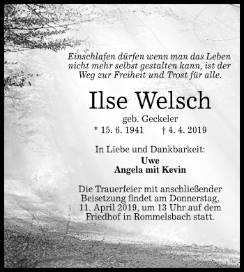 Anzeige von Ilse Welsch von Reutlinger General-Anzeiger