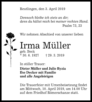 Anzeige von Irma Müller von Reutlinger General-Anzeiger