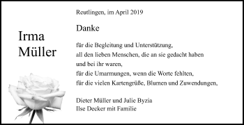 Anzeige von Irma Müller von Reutlinger General-Anzeiger