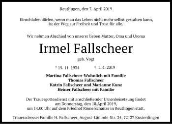 Anzeige von Irmel Fallscheer von Reutlinger General-Anzeiger