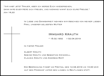 Anzeige von Irmgard Krauth von Reutlinger General-Anzeiger