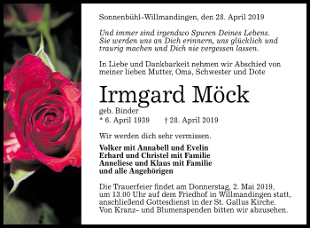 Anzeige von Irmgard Möck von Reutlinger General-Anzeiger