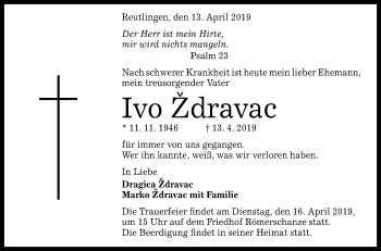 Anzeige von Ivo Zdravac von Reutlinger General-Anzeiger