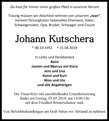 Anzeige von Johann Kutschera von Reutlinger General-Anzeiger