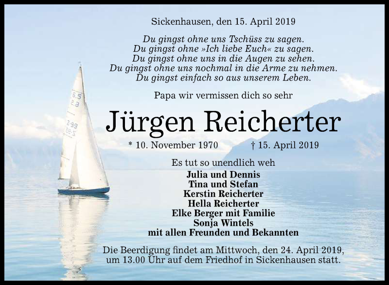  Traueranzeige für Jürgen Reicherter vom 18.04.2019 aus Reutlinger General-Anzeiger