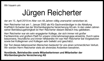 Anzeige von Jürgen Reicherter von Reutlinger General-Anzeiger