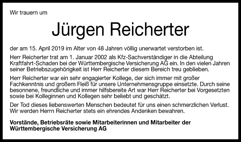  Traueranzeige für Jürgen Reicherter vom 20.04.2019 aus Reutlinger General-Anzeiger