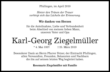 Anzeige von Karl-Georg Ziegelmüller von Reutlinger General-Anzeiger