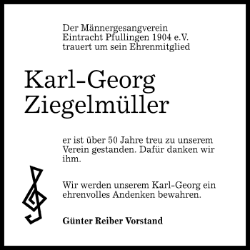 Anzeige von Karl-Georg Ziegelmüller von Reutlinger General-Anzeiger