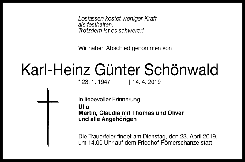  Traueranzeige für Karl-Heinz Günter Schönwald vom 18.04.2019 aus Reutlinger General-Anzeiger