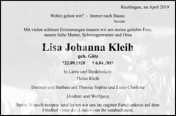 Anzeige von Lisa Johanna Kleih von Reutlinger General-Anzeiger