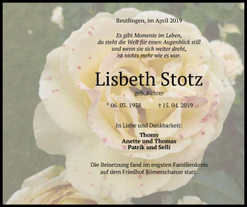 Anzeige von Lisbeth Stotz von Reutlinger General-Anzeiger