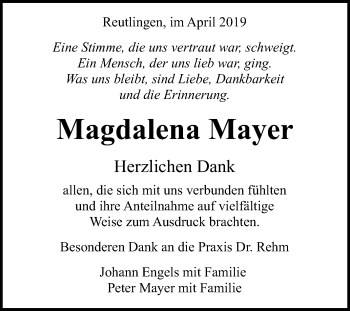 Anzeige von Magdalena Mayer von Reutlinger General-Anzeiger