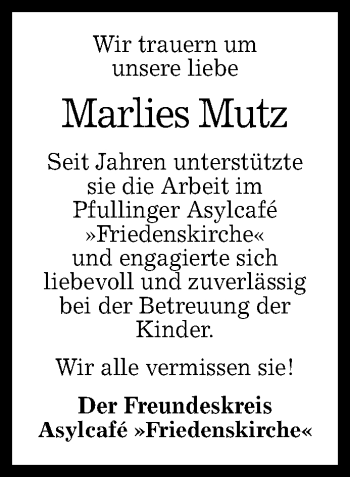 Anzeige von Marlies Mutz von Reutlinger General-Anzeiger
