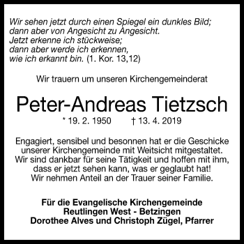 Anzeige von Peter-Andreas Tietzsch von Reutlinger General-Anzeiger