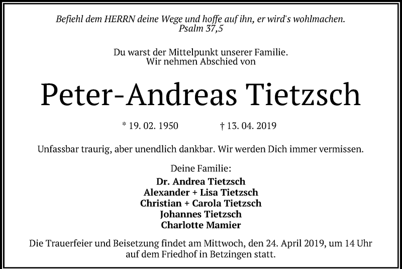  Traueranzeige für Peter-Andreas Tietzsch vom 17.04.2019 aus Reutlinger General-Anzeiger