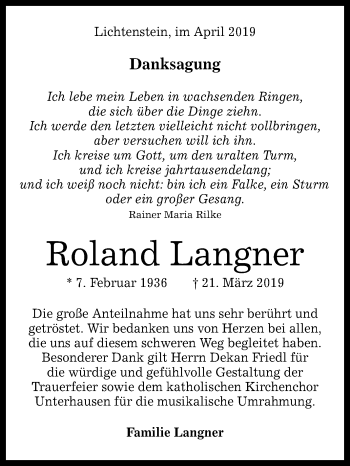 Anzeige von Roland Langner von Reutlinger General-Anzeiger