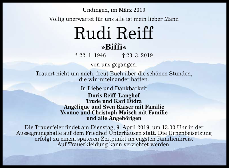  Traueranzeige für Rudi Reiff vom 02.04.2019 aus Reutlinger General-Anzeiger