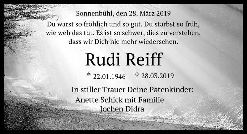  Traueranzeige für Rudi Reiff vom 02.04.2019 aus Reutlinger General-Anzeiger