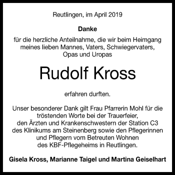 Anzeige von Rudolf Kross von Reutlinger General-Anzeiger