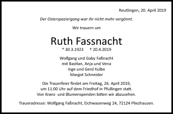 Anzeige von Ruth Fassnacht von Reutlinger General-Anzeiger