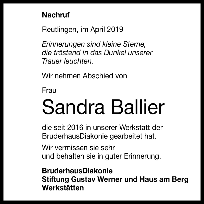  Traueranzeige für Sandra Ballier vom 10.04.2019 aus Reutlinger General-Anzeiger