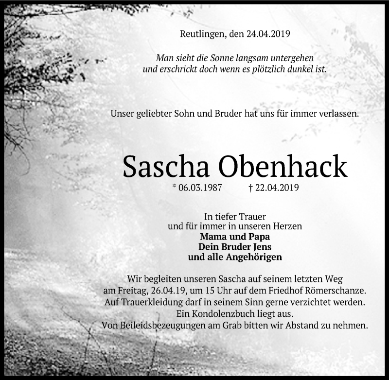  Traueranzeige für Sascha Obenhack vom 24.04.2019 aus Reutlinger General-Anzeiger