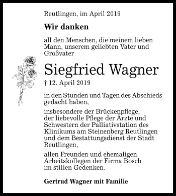 Anzeige von Siegfried Wagner von Reutlinger General-Anzeiger