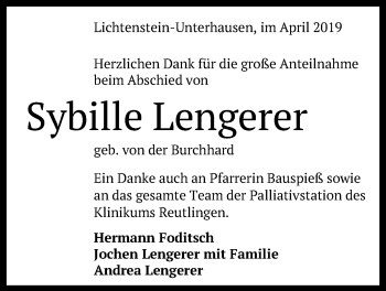 Anzeige von Sybille Lengerer von Reutlinger General-Anzeiger