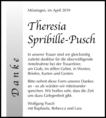 Anzeige von Theresia Spribille-Pusch von Reutlinger General-Anzeiger