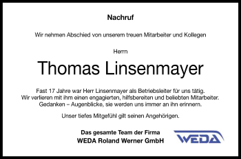 Anzeige von Thomas Linsenmayer von Reutlinger General-Anzeiger