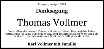 Anzeige von Thomas Vollmer von Reutlinger General-Anzeiger